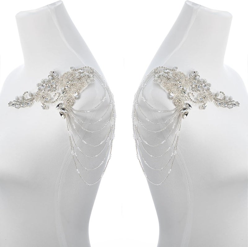 amusediy White Pair Beaded Rhinestones Applique Embellishment for Clothes,Epaulettes Shoulder Patches Sew-on Diamond Sequin Applique for Wedding Dress DIY Accessories - Image 2